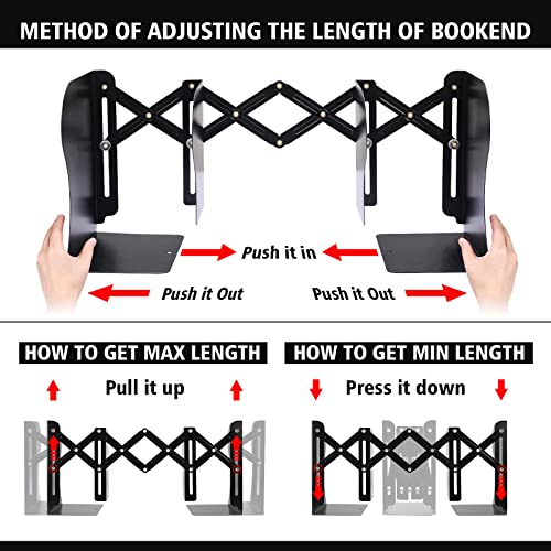 2pcs adjustable bookends metal book ends for heavy book 2 dividers nonslip book stander for desk shelf office stationery gift extends up to 19 inches black