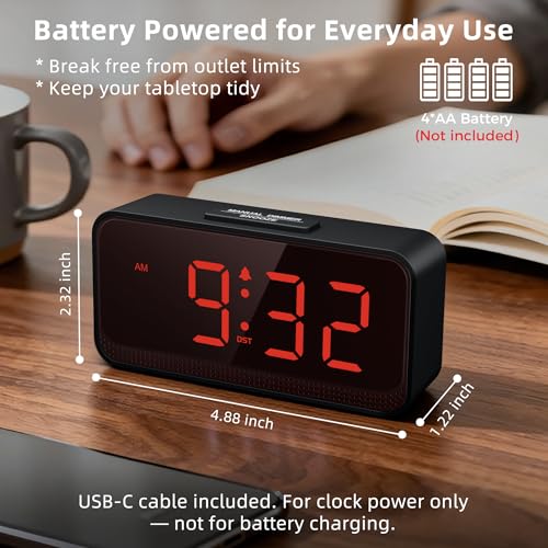 Image of Small Battery Operated Alarm Clock: Long-Lasting Battery Use | Compact Cordless Digital Clock for Bedrooms Desks and Travel - Easy to See with Auto Brightness for Seniors (Red Digits)