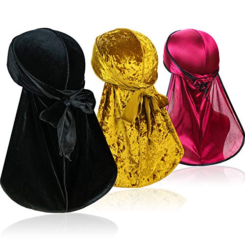 3 Pcs Wave Durags (Velvet Durag, Crushed Velvet Durag and Soft Durag ) – Premium Headwraps with Extra Long Tail for 360 Waves