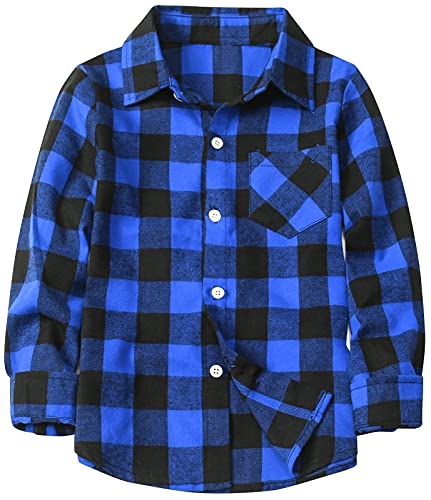 Boys' Flannel Shirt, Button Down Short Sleeve Plaid Flannel Shirt for Kids Toddlers Little & Big Boys Girls, Flannel# Blue + Black, 3-4 Years = Tag 110