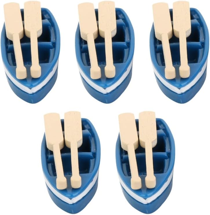 Miniatura 3 de SEWACC 15 juegos de mini botes de remos en miniatura de madera azul, pequeñas figuras de bote de remos de resina, botes de canoa, micro paisaje para