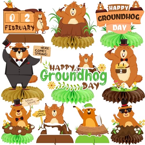 Groundhog Day Honeycomb Centerpieces 12Pcs Happy Groundhog Day Table Decoration Groundhog Birthday Party Decoration Weather Forecast Spring Centerpieces for Table Groundhog Baby Shower Supplies