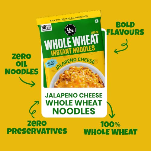 Image of Yu Foodlabs 100% Whole Wheat Jalapeno Cheese Instant Noodles - Pack of 6 - Zero Preservatives Zero Oil Zero Maida & Zero MSG - Atta Noodles Ready in 6 Mins - Veg - 420 gram (70g x 6) - Yu