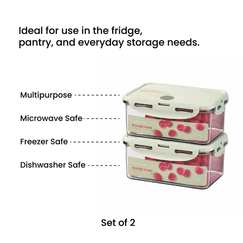 Image of LocknLock 1.1L Food Storage Containers (Pack of 2) | Airtight, Leakproof, BPA-Free Plastic Boxes | Stackable Kitchen Containers for Fridge, Meal Prep & Pantry Storage