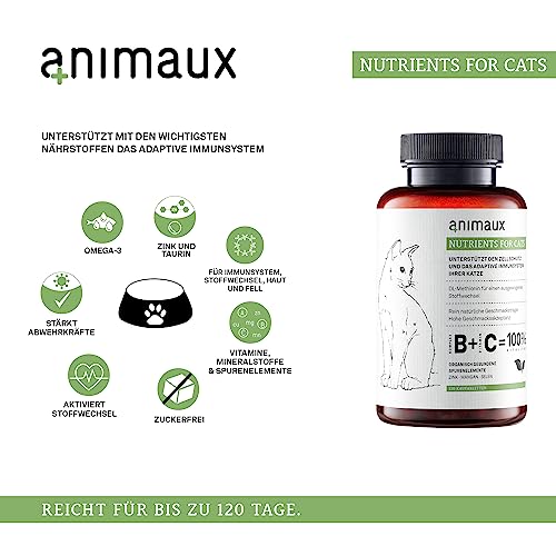 animaux Nutrients for Cats – 120 Kautabletten – Vitamine für Katzen, Unterstützung für Stoffwechsel, Immunsystem, Haut & Fell, mit Vitamin B Komplex, Omega 3, Zink & mehr
