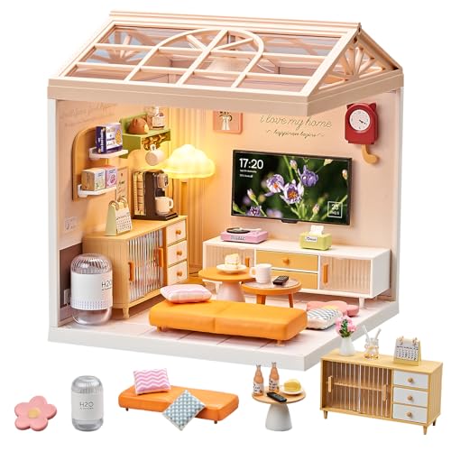 Miniature Living Room DIY Play Kit – 92Pcs 1:20 Scale Dollhouse Furniture Toy with LED Light, Modular Scene Connector & Realistic Details Tiny House for Kids 8+ and Collectors