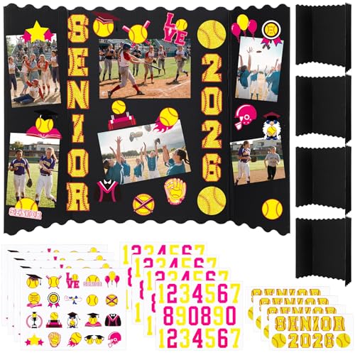 Resurhang 4 Set 24x16 Softball Senior Night Gifts Senior 2026 Trifold Poster Board Photo Display Board with 12 Sheet Sports Themed Stickers for Graduation Picture Frame Sport Theme Party Supplies