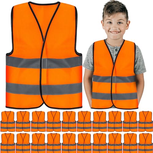 Zhanmai 20 Pcs Kids Safety Vest Bulk High Visibility Reflective Construction Vest with Strips Neon for Traffic Child Outdoor (Orange)