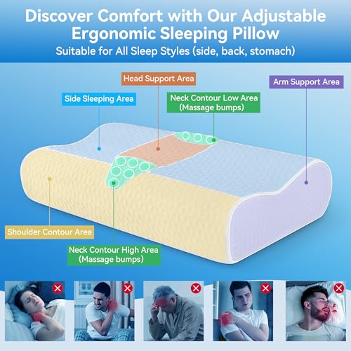 Cervical Pillow for Neck Pain Relief- Queen Size Cooling Pillow for Sleeping, Memory Foam Pillows for Neck Shoulder, Ergonomic Adjustable Contour Bed Pillow for Side, Back & Stomach Sleepers