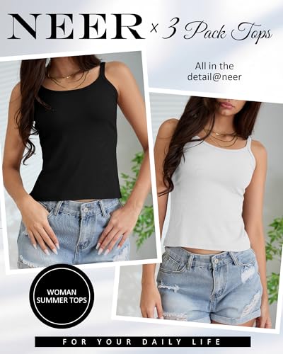 Neer 3 Pack Women's Spaghetti Strap Ribbed Tank Tops, Slim Fit Cotton Scoop Neck Sleeveless Knit Camisole Basic Cami Shirts2