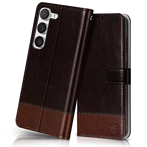 Image of FLIPPED Vegan Leather Flip Case Back Cover for Samsung Galaxy S23 5G (Flexible, Shock Proof | Hand Stitched Leather Finish | Card Pockets Wallet & Stand | Coffee with Brown)