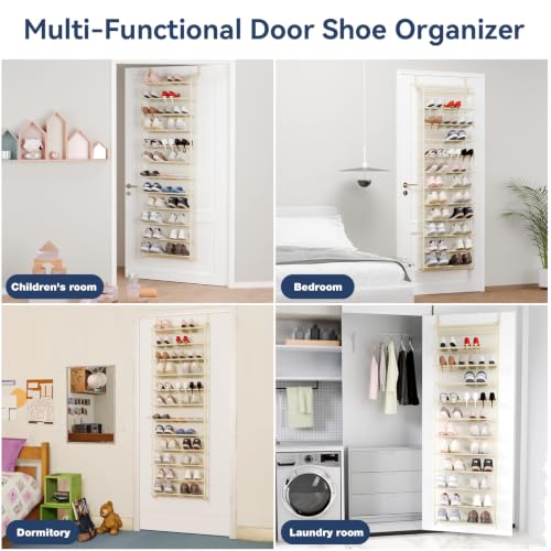 Image of Whitmor 36 Pair Over the Door Shoe Rack,12 Tier Hanging Shoe Organizer with Metal Frame & Mesh Shelves, Heavy Duty Shoe Storage Holder for Door, No Drill Installation, 74 inch H x 21.7 inch W x 7.5 inch D, Beige