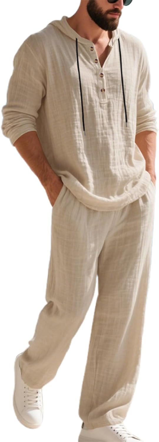 Mens Linen Suit 2 Pieces Cotton Linen Set Casual Long Sleeve Henley Shirts Beach Yoga Pants Summer Vacation Outfits