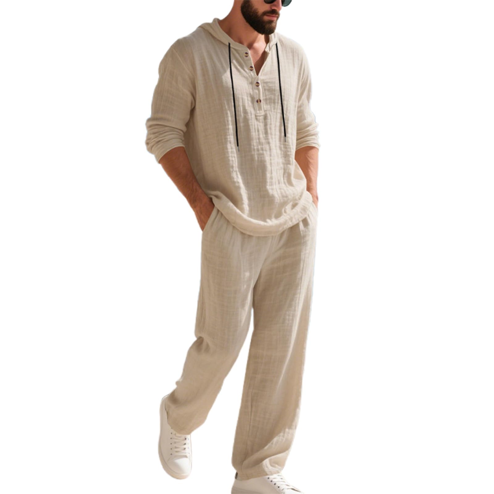 Conjunto de lino para hombre 2 piezas traje de verano manga larga sudadera capucha pantalones playa