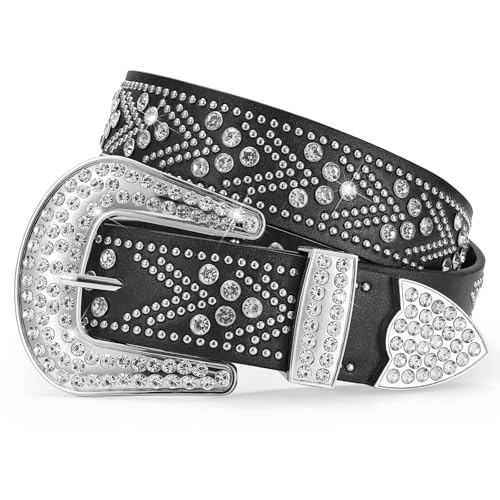 JASGOOD Rhinestones Belt for Women Men Plus Size Western Cowboy Cowgirl Studded Diamond Leather Waist Belt for Jeans Pants