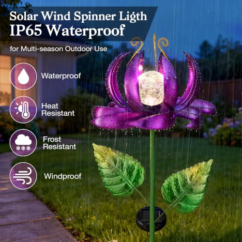 Image of Garden Decor Solar Wind Spinners- Metal Lotus Flower Yard Lights LED Crackle Glass Globe Yard Art Sculpture Solar Stake Lights for Patio Pathway Lawn Walkway(Purple-Large)