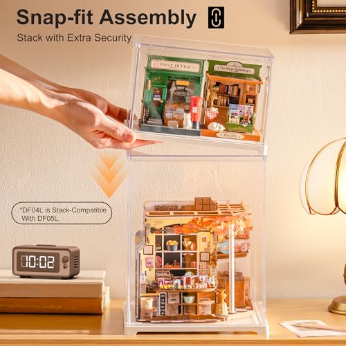 Image of Rolife Acrylic Display Case Dust Cover for Collectibles, Dustproof Protection Showcase with White Base with Door for Mini Dollhouse, 3D Puzzles (8.8''x7.6''x6'')
