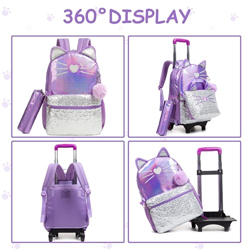 Rolling Backpack for Girls 6-8 with Lunch Bag Pencil Case Rolling Casual Cute Cat Backpacks with Wheels for Elementary Students3