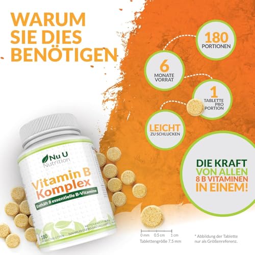 Vitamin B Komplex - 180 Vegan Tabletten - Alle 8 B Vitamine in einer Tablette - 6 Monate - Vitamine B1, B2, B3, B5, B6, B12, Biotin & Folsäure - Nahrungsergänzungsmittel von Nu U Nutrition