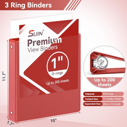 Image of SUIN 1 Inch 3 Ring Binder, Clear 1'' View Presentation Binders with 2 Pockets, Fits 8.5 x 11 Letter Size, Durable Polypropylene, Non-Stick & PVC-Free for School, Office & Home (Red)