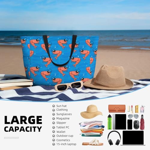 Large Beach Bags Water-resistant Sandproof - Cartoon Shrimp Print Blue Cute Beach Tote Bags for Women with Zipper4