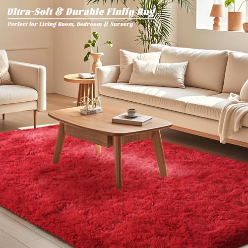 Red Rugs for Bedroom 5x7 ft - Ultra Soft Faux Fur Area Rug - Plush Non-Slip Shaggy Carpet for Living Room, Cozy Fluffy Rug for Kids Boys Girls Dorm Nursery Room, High Pile Floor Carpet