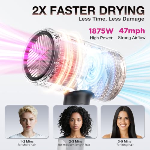 Image of BABONIR 1875W Hair Dryer with Diffuser, Ionic Foldable Blow Dryer, Black | Fast Drying for Frizzy, Curly & All Hair Types, 3 Heat & 2 Speed, Concentrator & Diffuser, Compact for Home, Women & Men