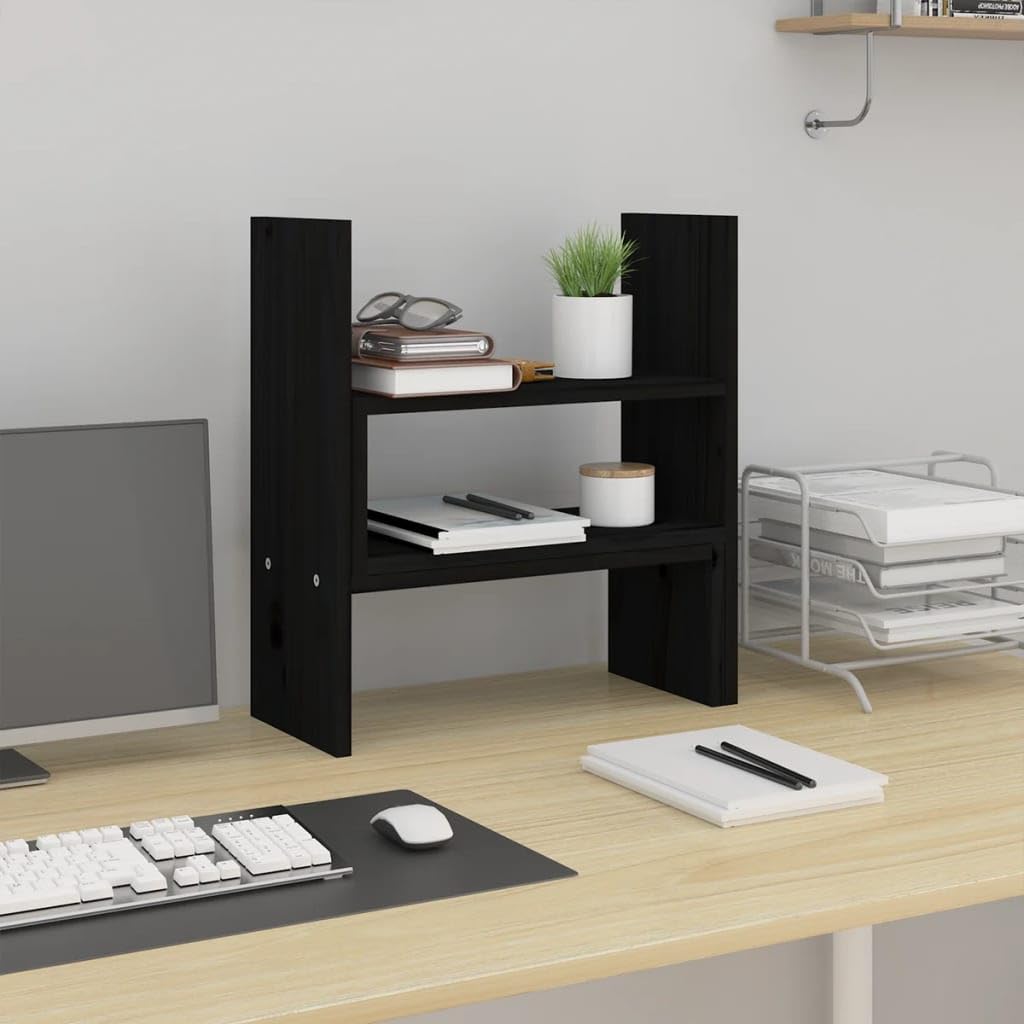 Support d'écran noir en pin massif réglable 39-72 x 17 x 43 cm avec espace de rangement pour clavier et support pour ordinateur portable, idéal pour le bureau, le bureau à domicile, les jeux