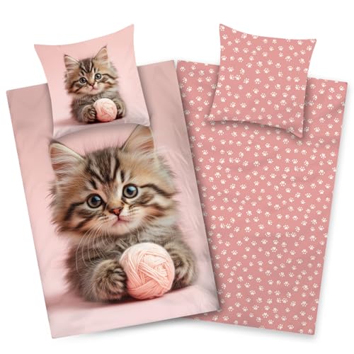 Aminata kids Bettwäsche 135x200 Baumwolle Kinder Katze Mädchen -...