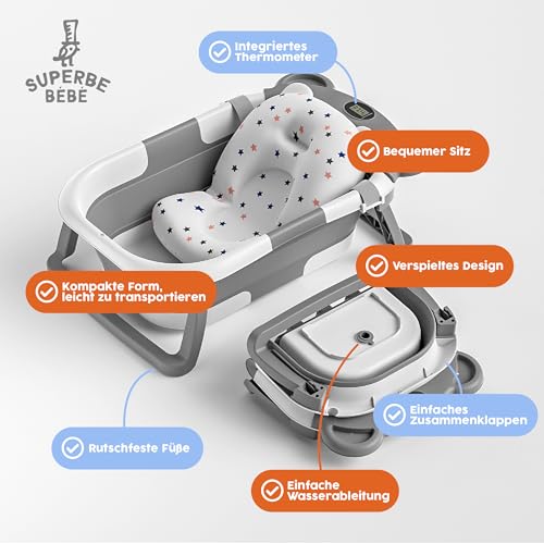 Faltbar Baby Badewanne Mit Rutschfestem Badekissen - Babywanne XXL Mit Baby Badewannensitz & Badethermometer - Von Der Geburt Bis 3 Jahre - Baby Bathtub - Geburtsgeschenke Für Mädchen & Jungen