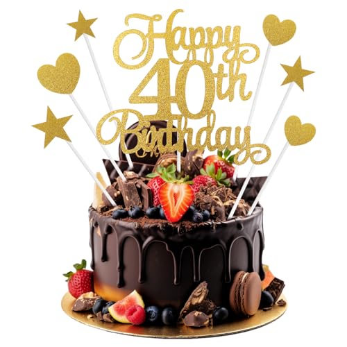 7Pcs Personalised Happy 40th Birthday Cake Topper 40th Birthday Cake Decorations with Heart Star Cupcake Picks Gold Glitter Happy 40 Years Old Birthdays Sign for Birthdays Party Supplies