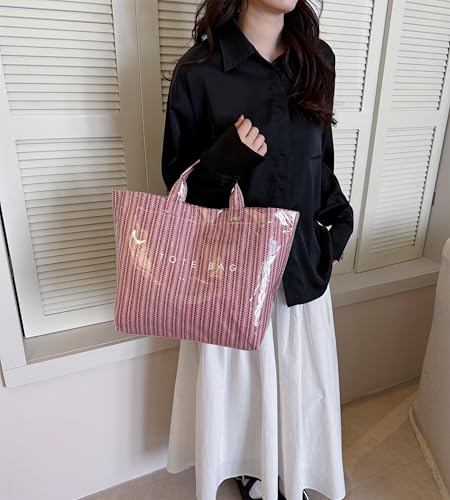 Image of Lushandy Striped PVC Tote Bag for Women, Waterproof Plastic Tote Bag for Beach Pool Large Top Handle Travel Hobo Handbag