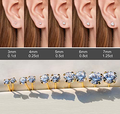 Kainier 5 Pairs CZ Stud Earrings Set for Women Men, 316L Stainless Steel Hypoallergenic Earrings for Sensitive Ears, 14K Gold Plated Silver Tone Jewelry, Cubic Zirconia Diamond Flatback Studs 3-7mm3