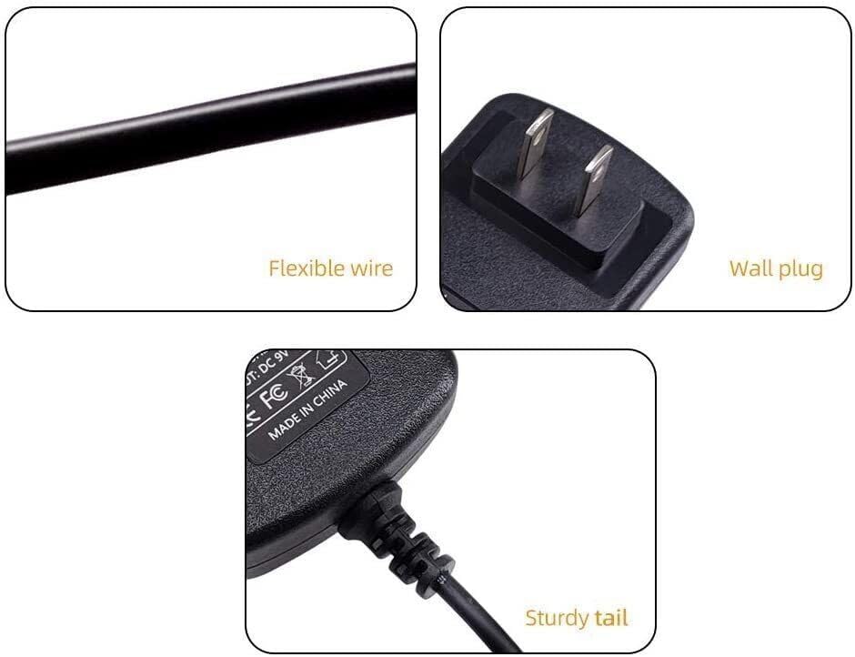 Close-up images highlighting features of the Pxdiiry AC/DC Adapter: flexible wire, wall plug, and sturdy tail