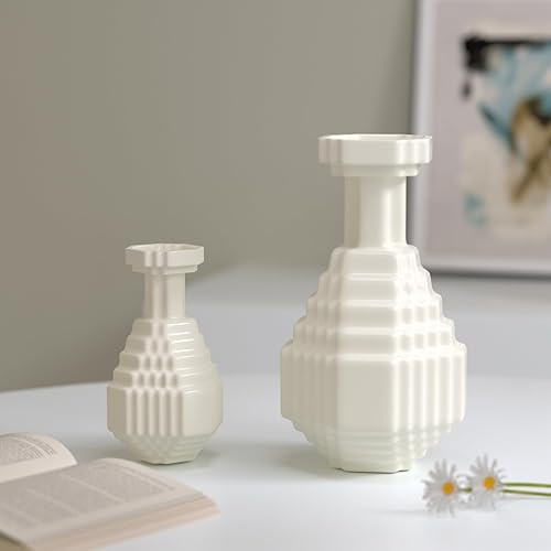 Miniatura 4 de Jarrón de cerámica con diseño de mosaico decorativo a cuadros blancos para centros de mesa, mesa, sala de estar, hogar, boda, oficina, 6.3 pulgadas