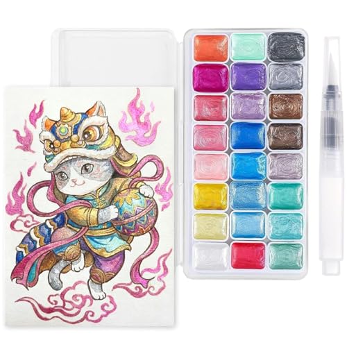 Prudiut Mini Metallic Watercolor Paint Set 24 Colors Glitter Paint with Watercolor Paper Brush Artists Collectible Editions Gifts for Beginner Artists Adults Aged 14+ fathers gifts