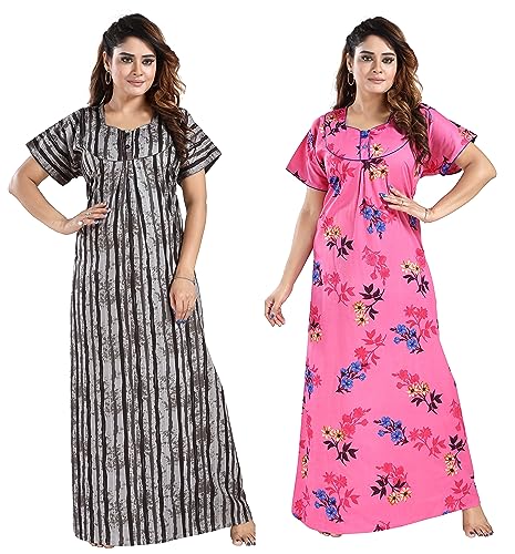 Image of YKI Women's /Girls Cotton Fabric Beautiful Print Nighty /Nightgown /Nightwear /Nightdress with Pocket (Pack of 2)