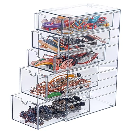 Clear Containers for Hair Accessory Organizing, Plastic Hair Accessory Organizer Box with 5 Drawers, Hair Accessory Container, Storage Organization Drawers Set for Hair Ties Accessory