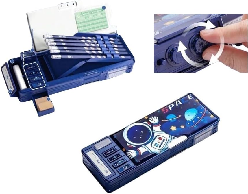Plastic Multifunctional Lock Compass Box for Kids, Kids Pencil Box for Boys & Girls, Magnetic & Passworld Lock Compass Box for Kids Space Theme-Password Lock, Blue