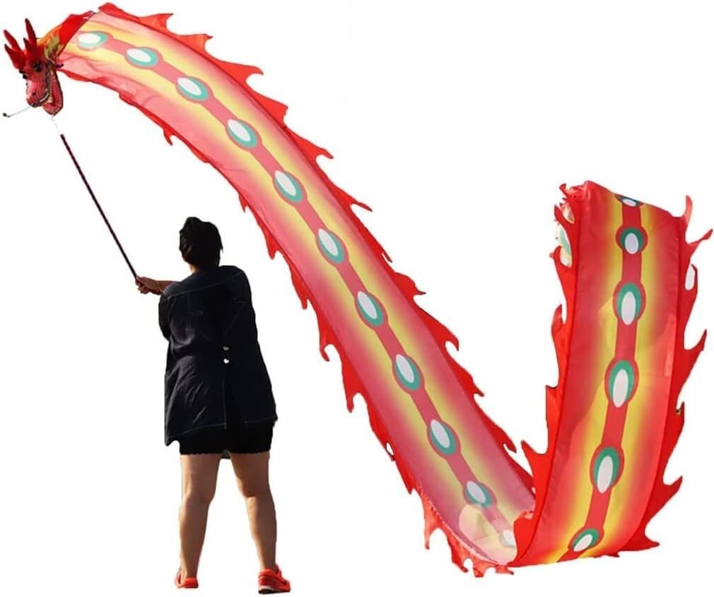 Wstążka do tańca smoka, kolorowy jedwabny pasek dla początkujących, głowa smoka 6 m/8 m/10 m/12 m spiralna wstążka do ćwiczeń(Nero,12m/39.4ft)
