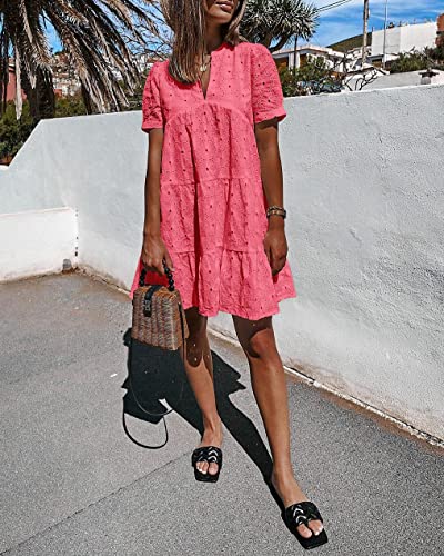Image of Imily Bela Womens Summer Lace Dresses Eyelet Casual Flowy Babydoll Swing Short Sleeve V Neck Tunic Dress