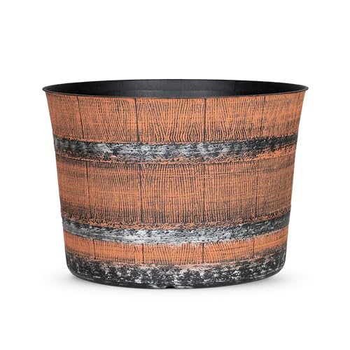 SG Traders Round Plastic Whisky Barrel Garden Pot Flower Pots Planter Tub Patio Pot Outdoor Traditional Barrel Brown with Silver Bands Garden Plant Pots Outdoors with Drainage Holes (Pack of 1)
