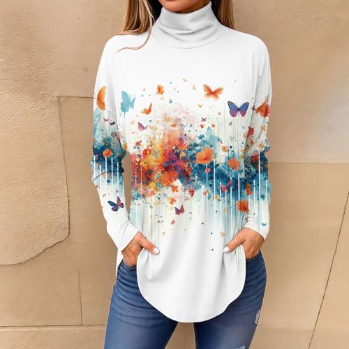 Long Sleeve Shirt for Women 2025 Plus Size Fall Clothes Vintage Printed High Neck Casual Tunic Pullover Blouses2