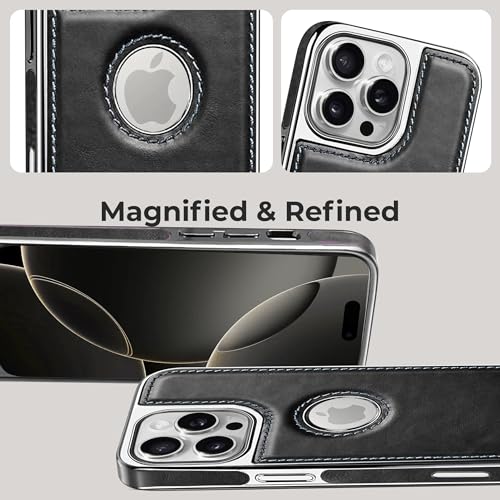 Image of PULOKA Chrome Leather Back Case - Compatible with iPhone 16 Pro- Luxury Bumper Case - Flexible Vegan Leather - Electroplated Sides & Logocut - Full Camera Protetection & Raised Edges - Black