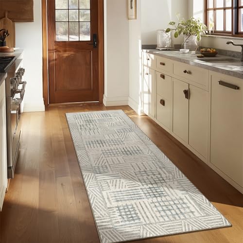 Image of Area Rug 2x6 Abstract Geometric Textured Brushstroke - Neutral Gray & Light Blue Modern Minimalist Hallway Runner Rug, Decorative Carpet for Living Room Bedroom Home Decor