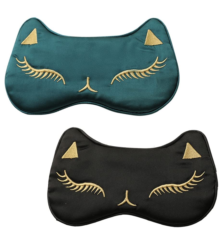 2 Pieces Glossy Silk Sleep Mask,Soft Adjustable Strap Sleeping Eye Blinder,Animal Silk Eye Cover Cat Printed Sleep Eye Masks Suitable for Women Men Kid Black&Dark Green