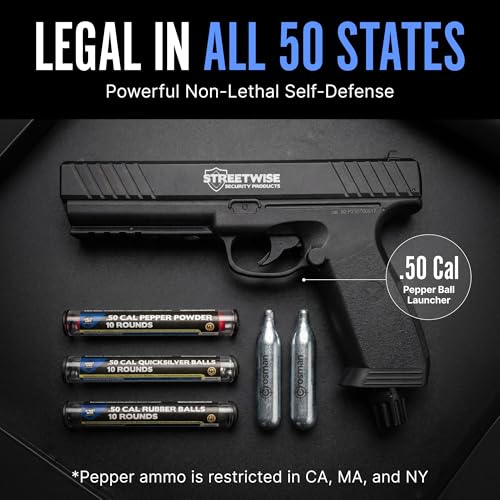 Image of Streetwise Heat Self Defense Pepper Launcher - .50 Cal CO2 Powered Semi-Automatic 6-Round Launcher, Picatinny Rail, 450 FPS, 60 Ft Range, Includes Pepper Irritant Rubber Metal Rounds