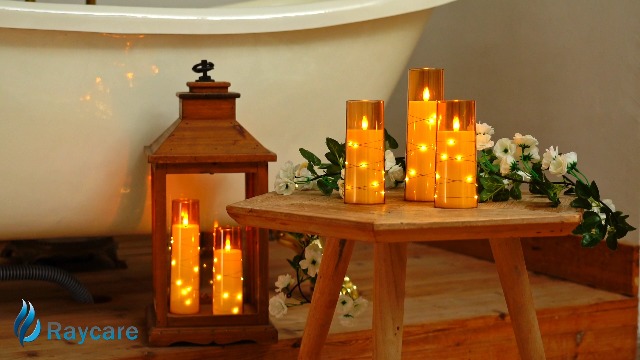 Image of Raycare Flameless Candle with Remote Timer - 5 Flickering Acrylic Battery Operated LED Pillar Candles with Embedded Star String for Christmas, Home Decor, and as a Gift(Glod)