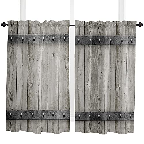 Jolunifun Rustic Barn Door Kitchen Curtain 45 Inch Length, Retro Grey Wood Grain Art Print Small Short Cafe Tiers Curtains Drape, 2 Panel Window Treatment Rod Pocket Drapery Panels Curtains 55x45