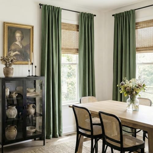 Image of 100% Blackout Shield Olive Green Linen Blackout Curtains for Bedroom 84 Inches Long, Back Tab /Rod Pocket Living Room Drapes, Thermal Insulated Blackout Curtains 2 Panels Set, 50 inch W x 84 inch L